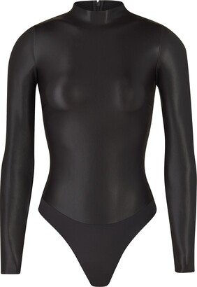 Faux Leather Mock Neck Bodysuit | Soot