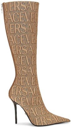 All Over Logo Knee High Boot in Beige