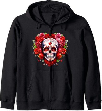 From Dyzamora Celebrating Dia De Los Muertos - Big Red Roses Sugar Skull Zip Hoodie