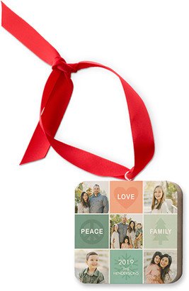 Ornaments: Peace Love Family Wooden Ornament, Green, Square Ornament