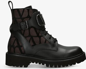 Womens Blk/brown Rockstud Brand-embellished Leather Combat Boots