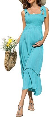 KOJOOIN Women's Maternity Dress Boho Spaghetti Strap Square Neck Floral Ruffle Nursing Maxi Dress Baby Shower Casual Solid Green 2XL