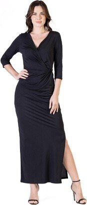 24seven Comfort Apparel Fitted V-Neck Side Slit Maxi Womens Dress-BLACK-1X