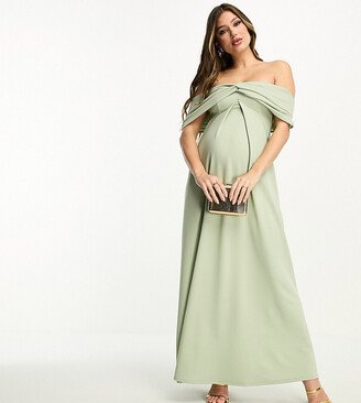 ASOS DESIGN Maternity off-shoulder twist bardot maxi dress in sage