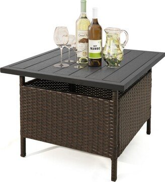 Tangkula Outdoor Wicker Table Rattan Coffee Table w/ Umbrella Insert Hole PE Tabletop & Sturdy Metal Frame