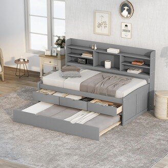 TOSWIN Captain Bed with Built-in Bookshelves, Three Storage Drawers, and Trundle