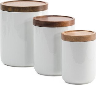 Set Of 3 Ceramic Wooden Lidded Canisters