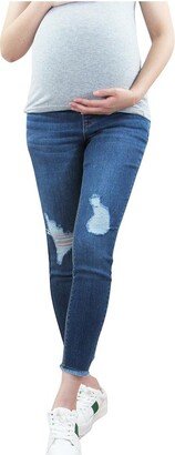 Indigo Poppy Fray Ankle Skinny Maternity Jean with Belly Band