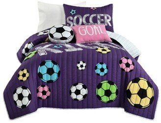 Girls Soccer Kick 4 Piece Quilt Set for Kids, Twin/Twin XLong