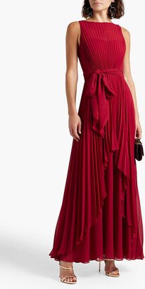 Belted layered plissé-chiffon gown