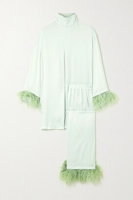 Net Sustain Feather-trimmed Satin Pajama Set - Green