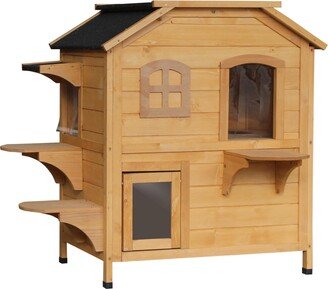 2-Story Wooden Cat Condo Balcony & for Indoor Outdoor Use Natural