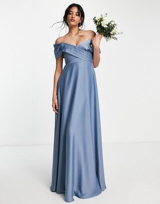 Bridesmaid satin bardot maxi dress with full skirt in dusky blue-AA