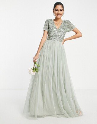 Bridesmaid short sleeve maxi tulle dress with tonal delicate sequins in sage green