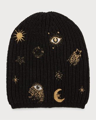 Celestial Embroidered Ribbed Merino Wool Beanie