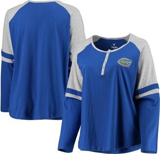 Women's Royal, Heathered Gray Florida Gators Plus Size Henley Raglan Long Sleeve T-shirt - Royal, Heather Gray