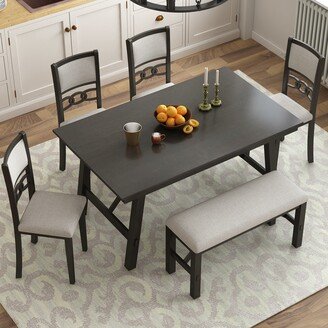 Solid Wood 6-Piece Dining Table Set with Upholstered Chairs and Bench