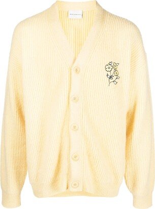 Embroidered-Flower Ribbed Cardigan