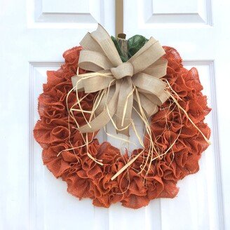 Fall Burlap Pumpkin Wreath, Orange Natural Pumpkin, Teal Ivory Wreath