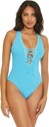 Modern Edge Gia Lace-Up Plunge One-Piece (Crystal Seas) Women's Swimsuits One Piece