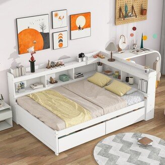 TiramisuBest Full Bed Platform Bed with L-shaped Bookcases, Drawers