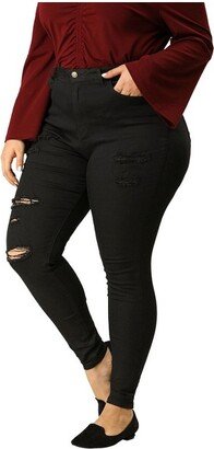 Agnes Orinda Women's Plus Size Distressed Zip Fly Mid-Rise Skinny Ripped Jean Black 4X