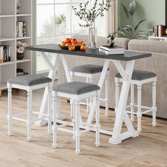 IGEMAN Mid-century Counter Height 5-Piece Dining Set; Wood Console Table with Trestle Legs and 4 Stools for Small Places; White - 60