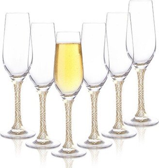 Berkware Luxurious Crystal Champagne Flutes with Elegant Gold Rhinestone Embellished Stem - 8oz (Set of 6)