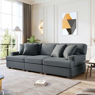 GREATPLANINC Linen Fabric Sectional Sofa 3 Seat Square Arms Sofa w/4 Pillows