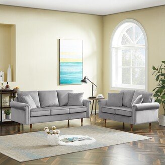 Calnod Modern Velvet Sofa Set, 2 Seater and 3 Seater Sofa With Wood Legs & Rolled Arms for Living Room and Apartment