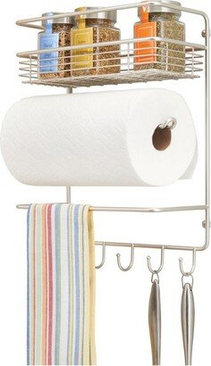 mDesign Metal Wall Mount Paper Towel Holder with Storage Shelf & Hooks - Satin