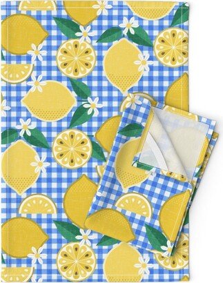 Lemons Tea Towels | Set Of 2 - On Blue Checks By Portiamonberg Picnic Spring Linen Cotton Spoonflower