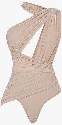 Womens Ecru Cheyanne Asymmetric Gathered Stretch-woven Bodysuit