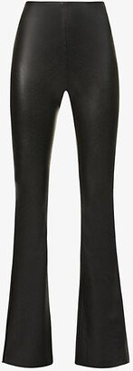 Womens Black Flared Mid-rise Faux-leather Leggings