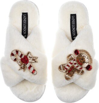 Laines London Classic Laines Slippers With Christmas Gingerbread & Candy Cane Brooches - Cream