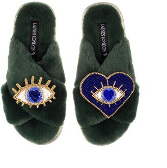 Laines London Classic Laines Slippers With Double Blue & Gold Eye Brooches - Green