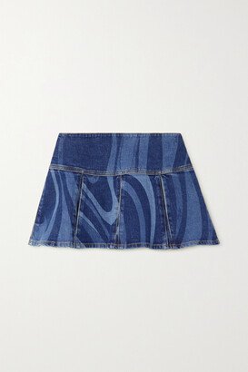 Pleated Printed Denim Mini Skirt - Blue