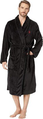 Microfiber Plush Long Sleeve Shawl Collar Robe (Polo Black/RL2000 Red Pony Print) Men's Robe