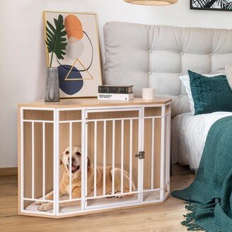 MOLAMOLA Corner Dog Crate with Cushion, Dog Kennel with Wood and Mesh, Doghouse, Pet Crate Indoor Use