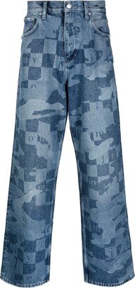 Check-Pattern Wide-Leg Jeans