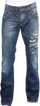 Navy Blue Distressed Denim Studded Detail Jeans 3XL
