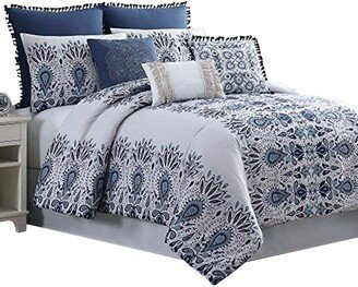 Constan?a 8 Piece King Comforter Set with Floral Print The Urban Port, Blue and White