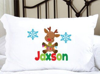 Personalized Christmas Pillowcase With Reindeer, Snowflakes, & Christmas Lights