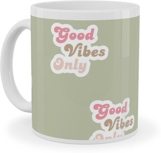 Mugs: Seventies Retro Good Vibes Only Ceramic Mug, White, 11Oz, Green