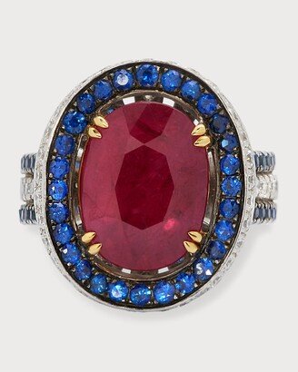 Alexander Laut 18K Ruby Ring with Blue Sapphire and Diamond, Size 6.5