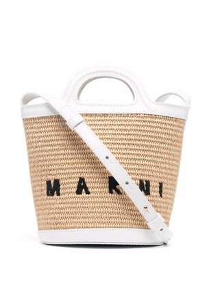 Embroidered-Logo Woven Bucket Bag