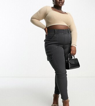 Plus high waisted skinny cargo jeans in washed black