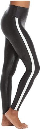 Faux Leather Leggings for Women Tummy Control with Side Stripe (Very Black/White) Women's Casual Pants