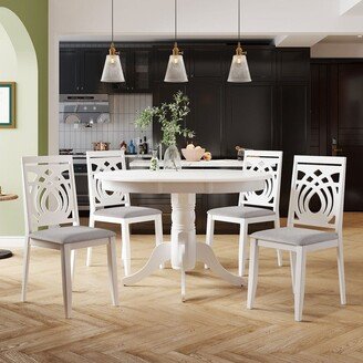 Aoolive Mid-Century 5-Piece Extendable Round Dining Table Set with 4 Upholstered Dining Chairs for Small Places