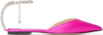 Fuchsia Pink Ballerina Flat Shoes with Crystal Embellishment in Satin Woman